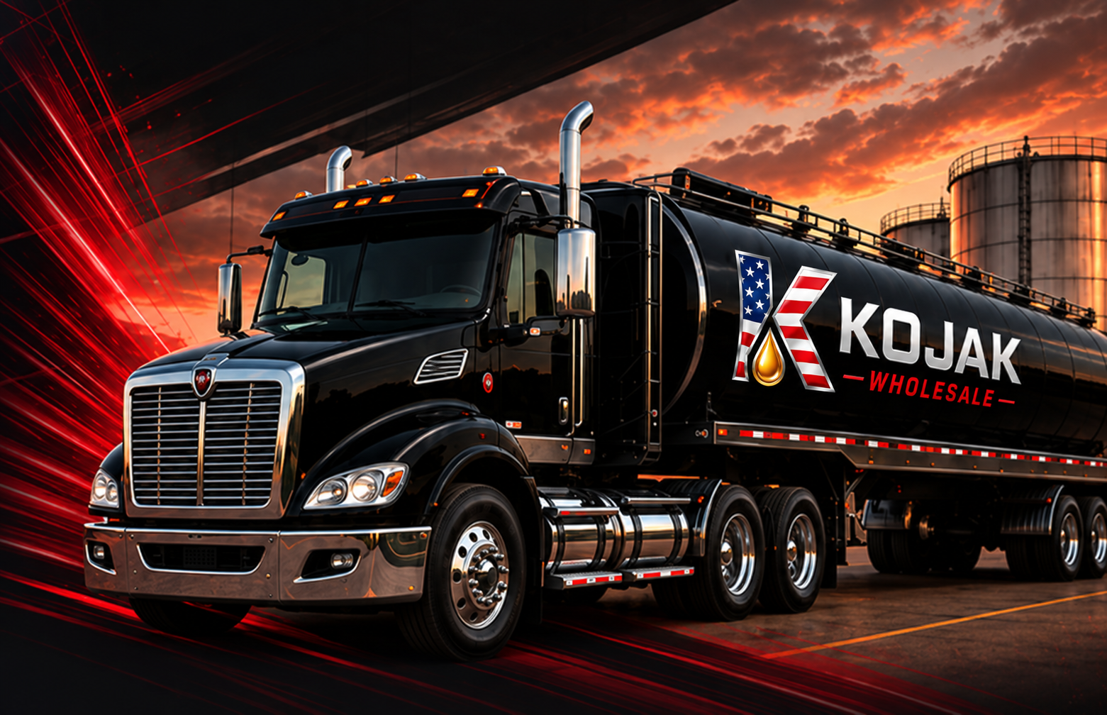 Black Kojak Wholesale branded tanker truck at a fuel terminal at sunset